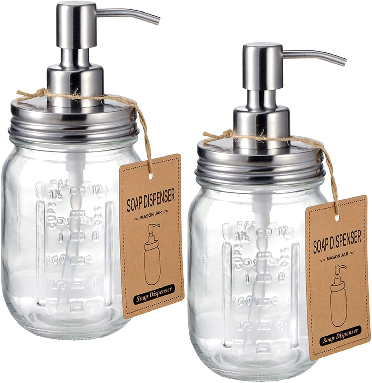 Mason Jar Soap Dispensers, Rustproof Stainless Steel Lid &Pump, Refillable Wash Hand Soap for Bathroom,Kitchen-Ideal for Dish Soap,Liquid Soap, Lotions,Waterproof Stickers,16Oz Brushed Nickel