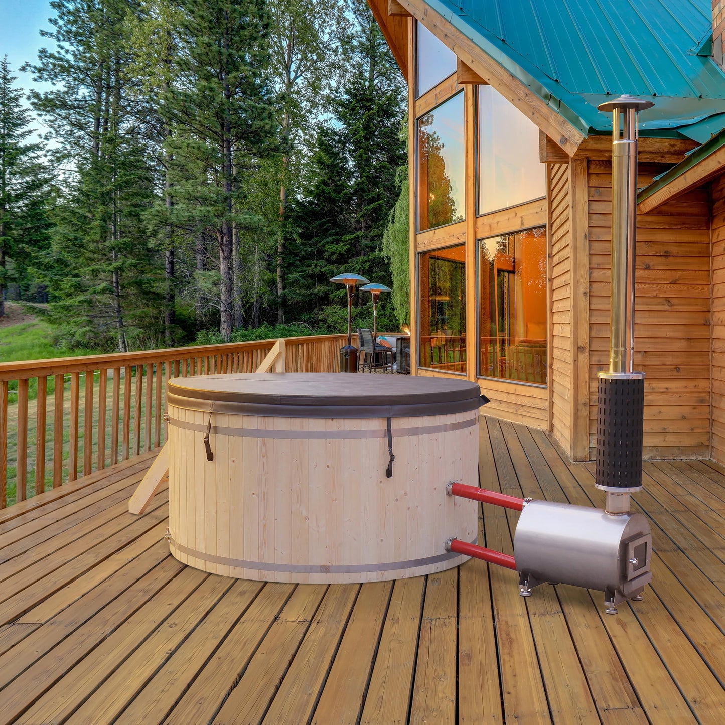 PEWSHTUB Pine Hot Tub and Ice Bath 4-5 Person with Wood-Fired Heater