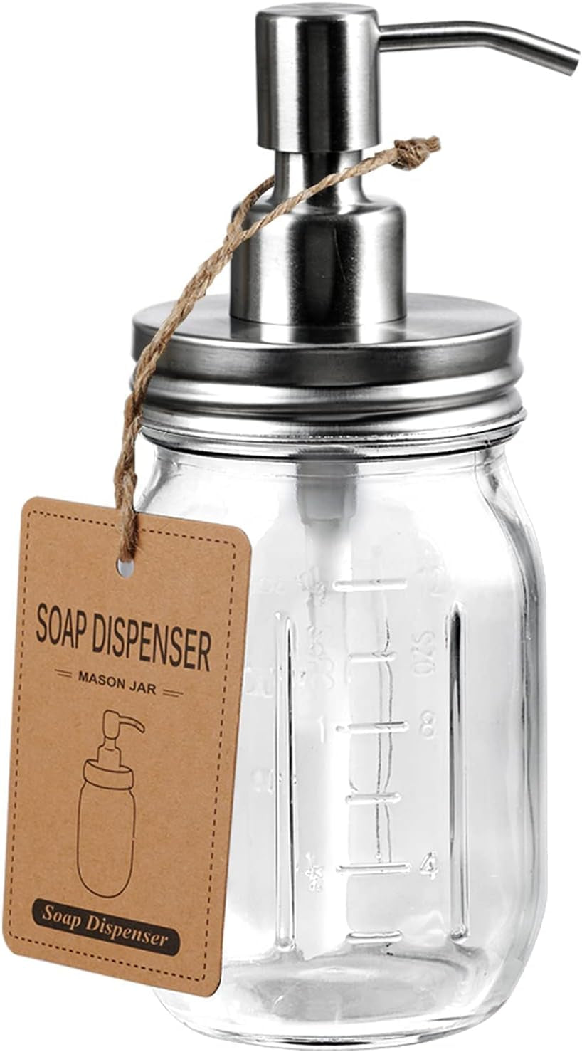 Mason Jar Soap Dispensers, Rustproof Stainless Steel Lid &Pump, Refillable Wash Hand Soap for Bathroom,Kitchen-Ideal for Dish Soap,Liquid Soap, Lotions,Waterproof Stickers,16Oz Brushed Nickel