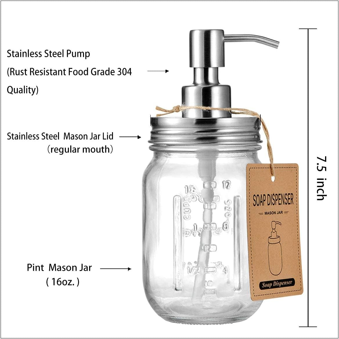 Mason Jar Soap Dispensers, Rustproof Stainless Steel Lid &Pump, Refillable Wash Hand Soap for Bathroom,Kitchen-Ideal for Dish Soap,Liquid Soap, Lotions,Waterproof Stickers,16Oz Brushed Nickel