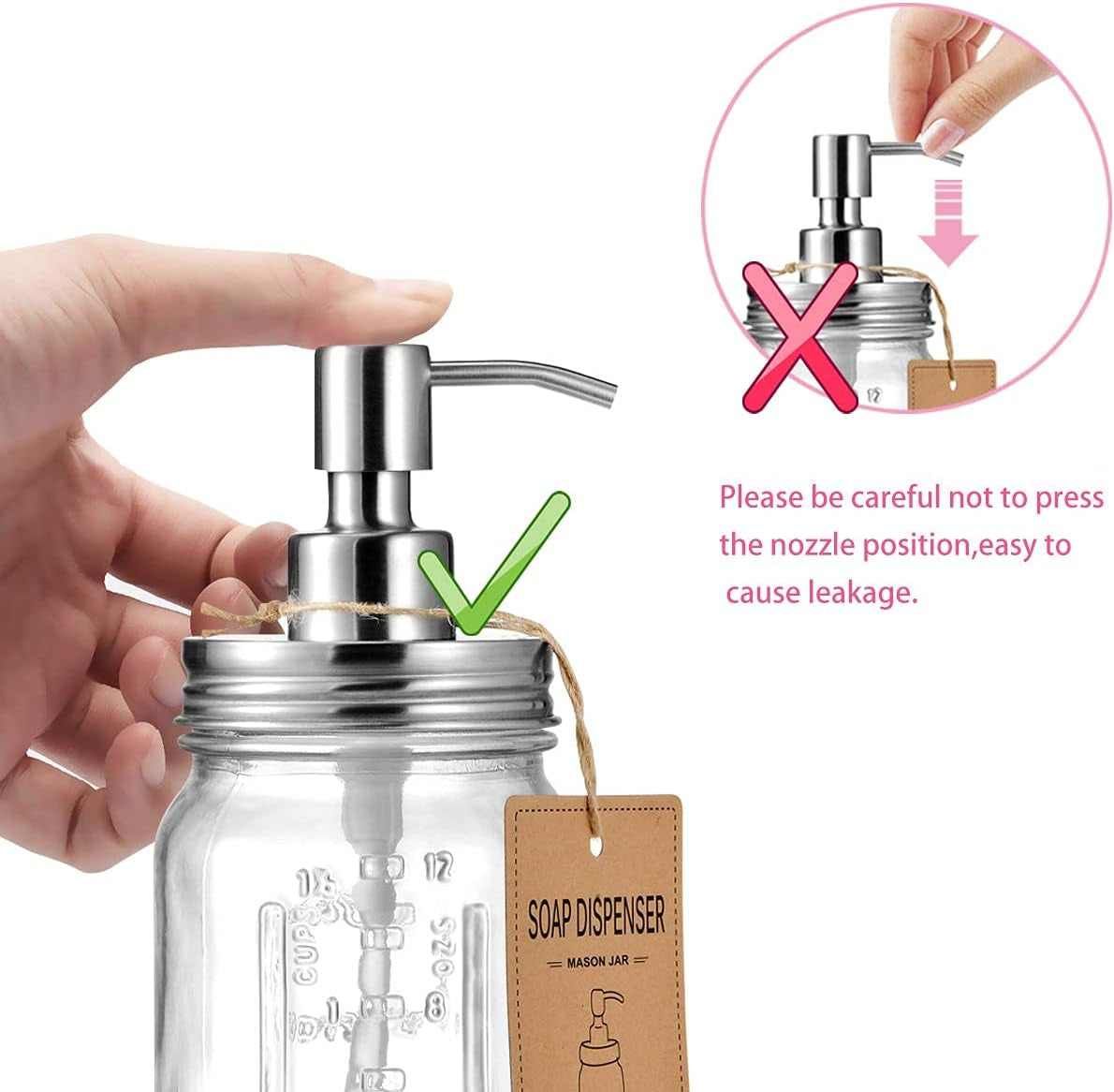 Mason Jar Soap Dispensers, Rustproof Stainless Steel Lid &Pump, Refillable Wash Hand Soap for Bathroom,Kitchen-Ideal for Dish Soap,Liquid Soap, Lotions,Waterproof Stickers,16Oz Brushed Nickel