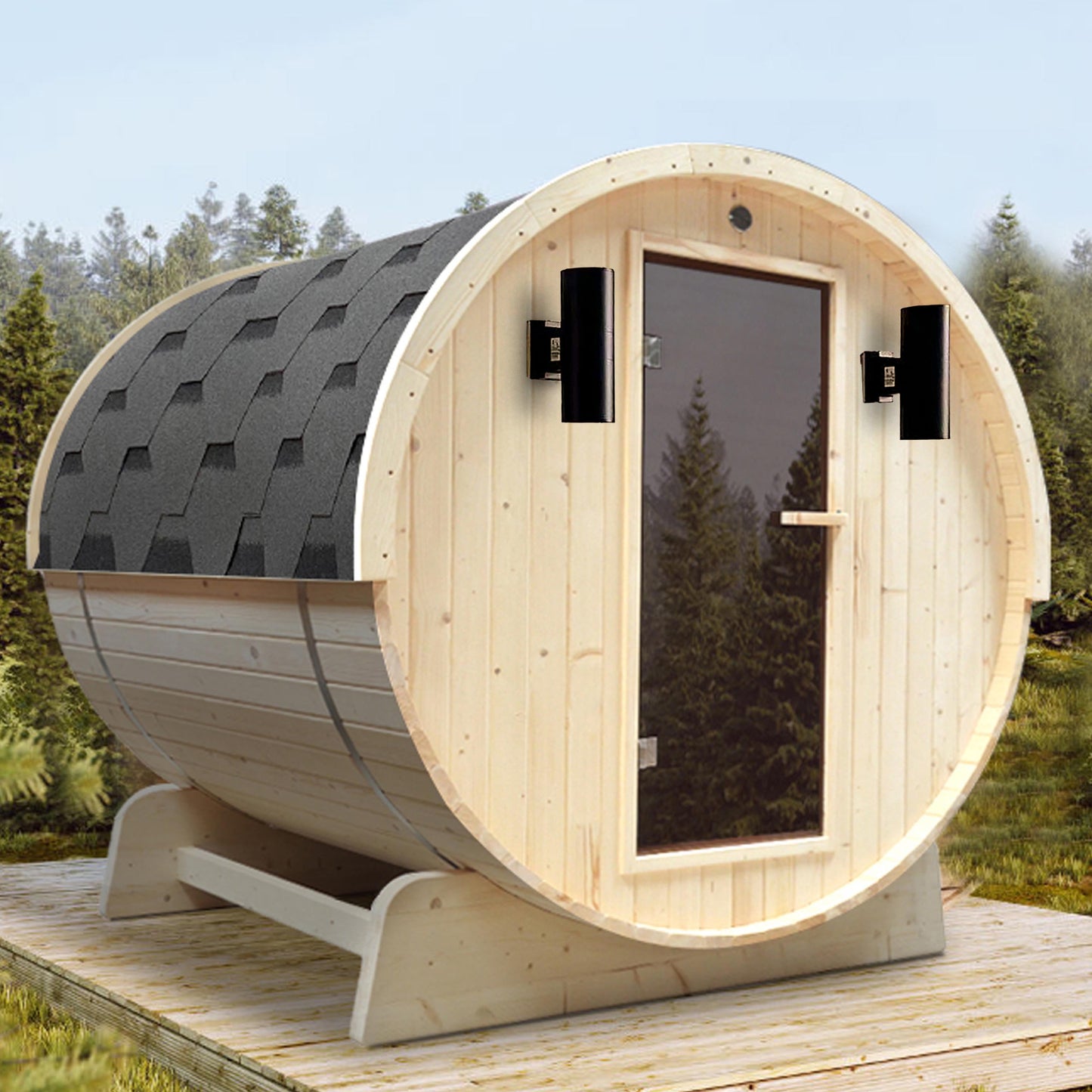 Outdoor Indoor White Pine 3 - 4 Person Barrel Sauna 4.5 Kw Heater