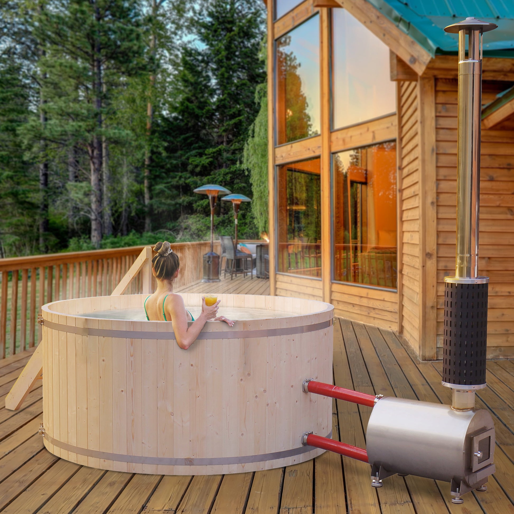 PEWSHTUB Pine Hot Tub and Ice Bath 4-5 Person with Wood-Fired Heater