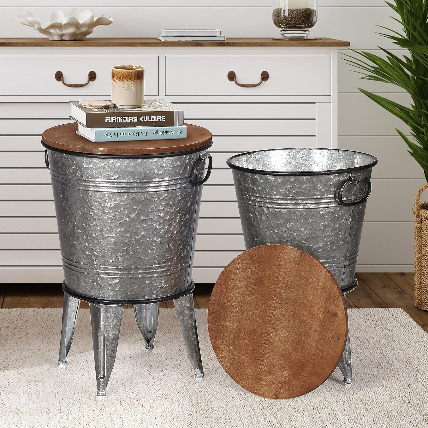 Rustee Rustic Storage Farmhouse Accent Side Table,Antique Galvanized Metal End Coffee Cocktail Table Box Bin with round Wooden Lid Set of 2 (Galvanized),Hc2009Wt,One Size